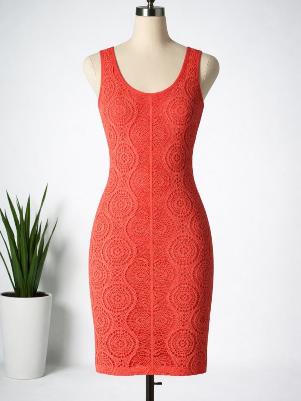 Bebe Vintage Y2K Crochet Bodycon Midi Dress in Coral